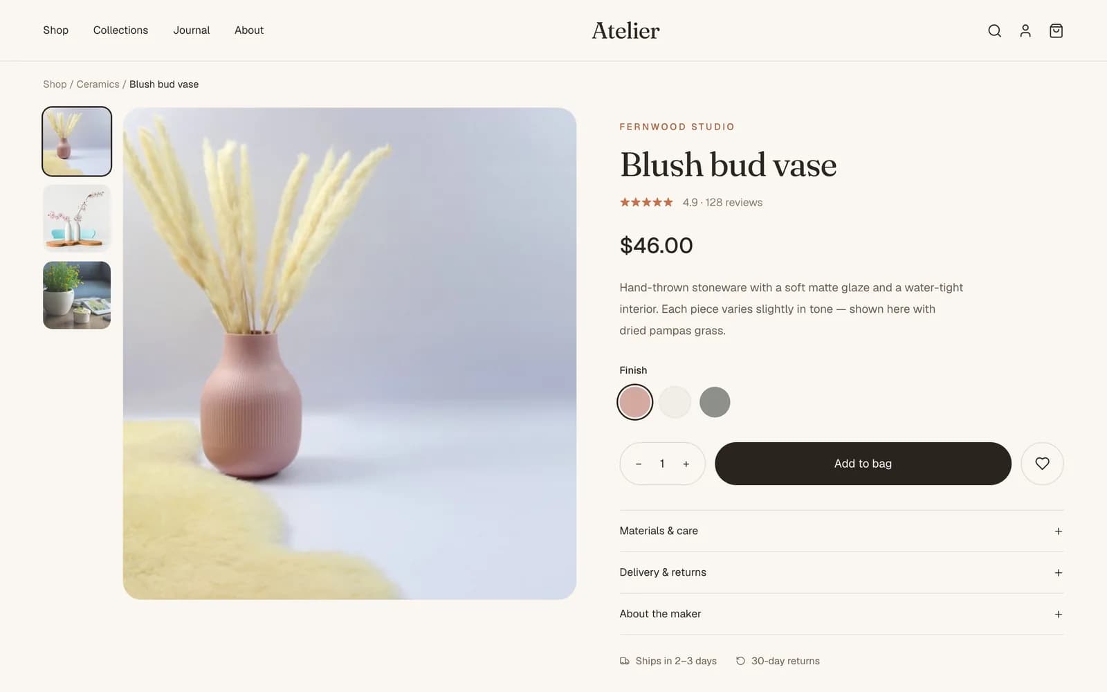 Atelier product page for a terracotta vase with gallery, finish options and add-to-bag button