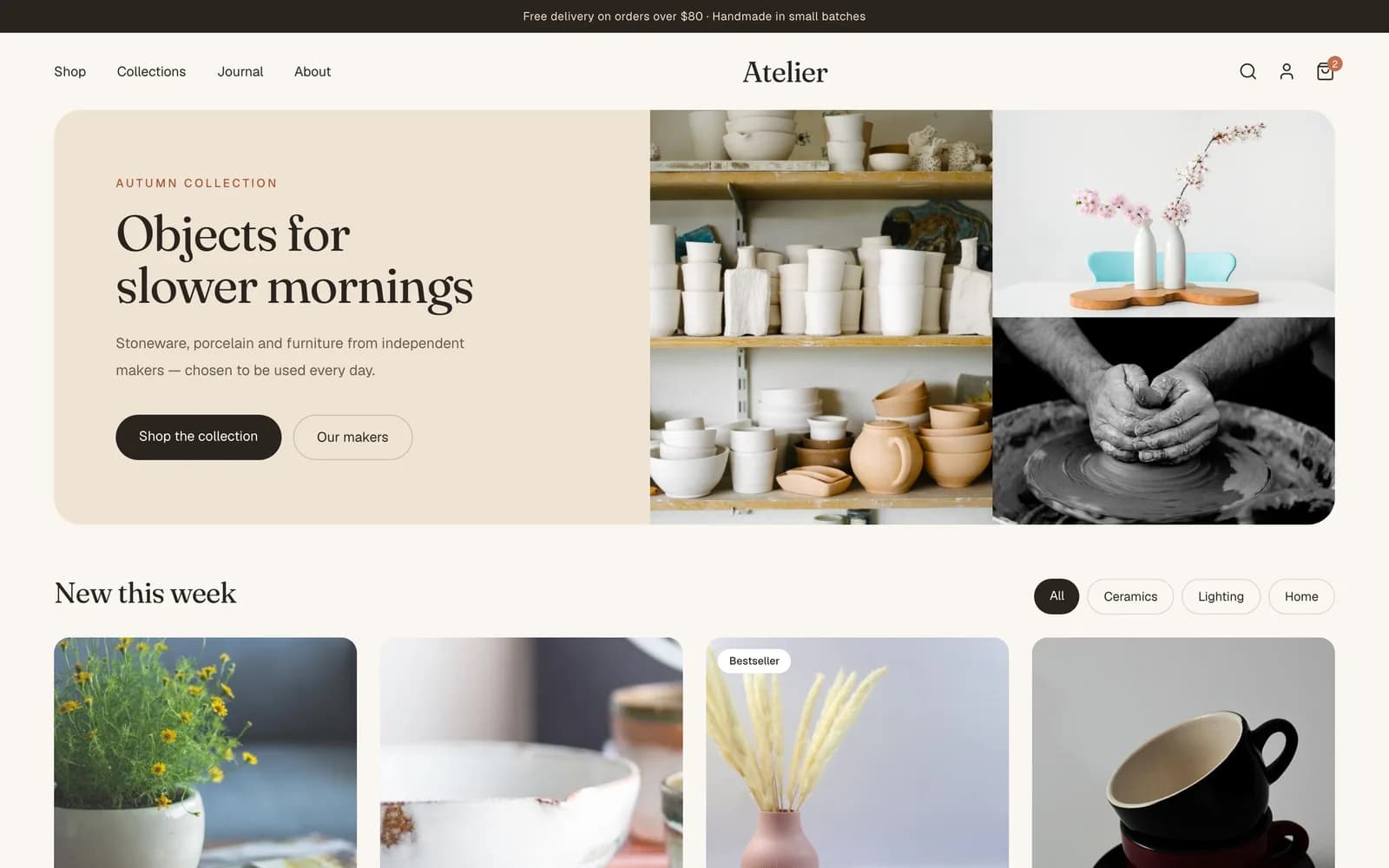 Atelier online store homepage with an autumn collection banner and a grid of homeware products