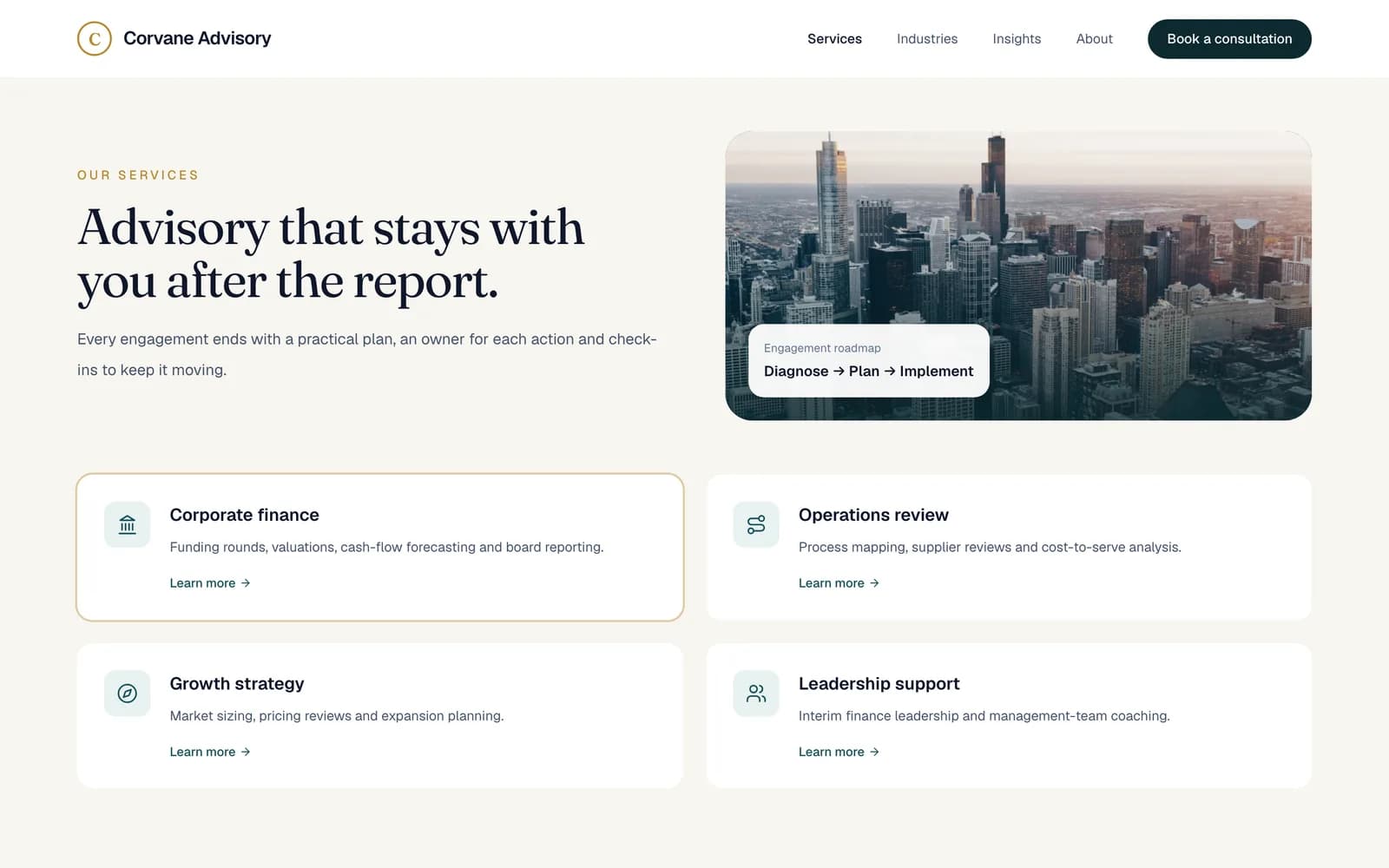 Corvane Advisory services page listing corporate finance, operations, growth and leadership services